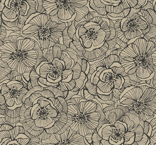 Seabrook Graphic Floral Gold Glitter and Ebony Wallpaper