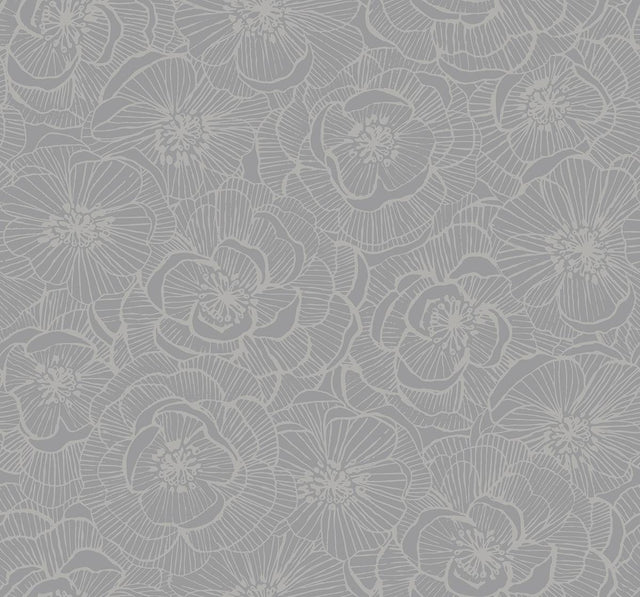 Seabrook Graphic Floral Metallic Silver Wallpaper