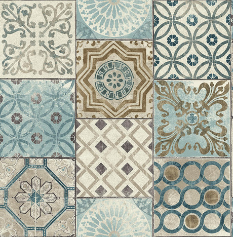 Seabrook Morocaan Tile Blue & Copper Wallpaper