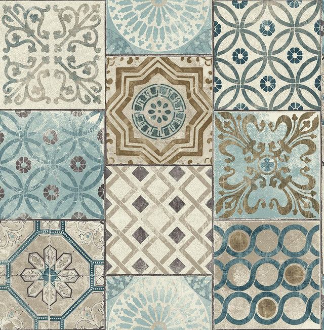Seabrook Morocaan Tile Blue & Copper Wallpaper