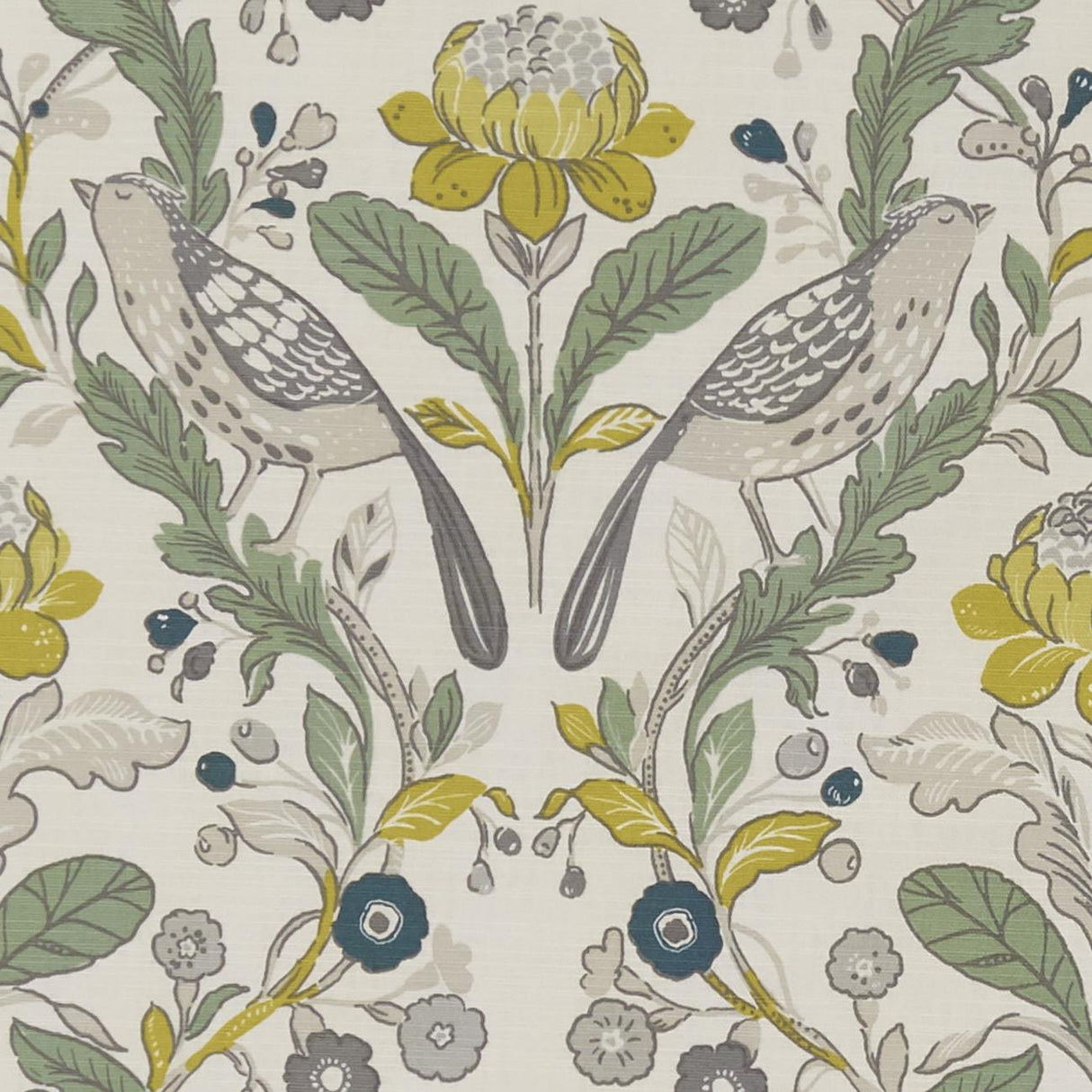 Clarke & Clarke ORCHARD BIRDS BIRDS FOREST/CHARTREUSE Fabric