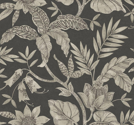 Seabrook Rainforest Leaves Black Wallpaper