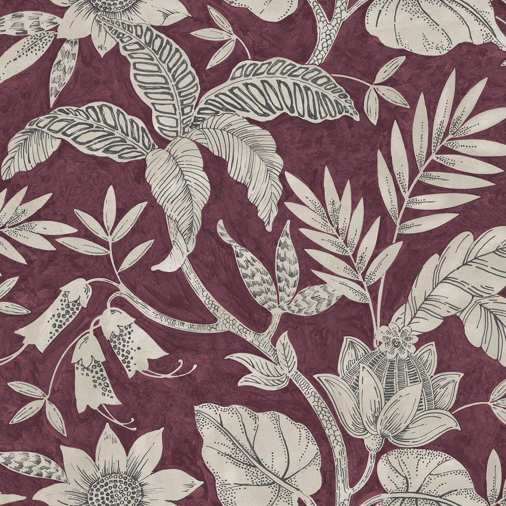Seabrook Rainforest Leaves Cranberry and Stone Wallpaper