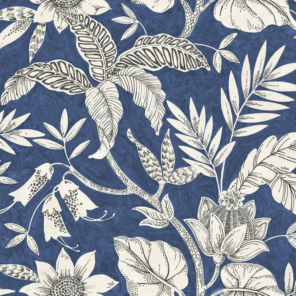 Seabrook Rainforest Leaves Sapphire and Brushed Ebony Wallpaper