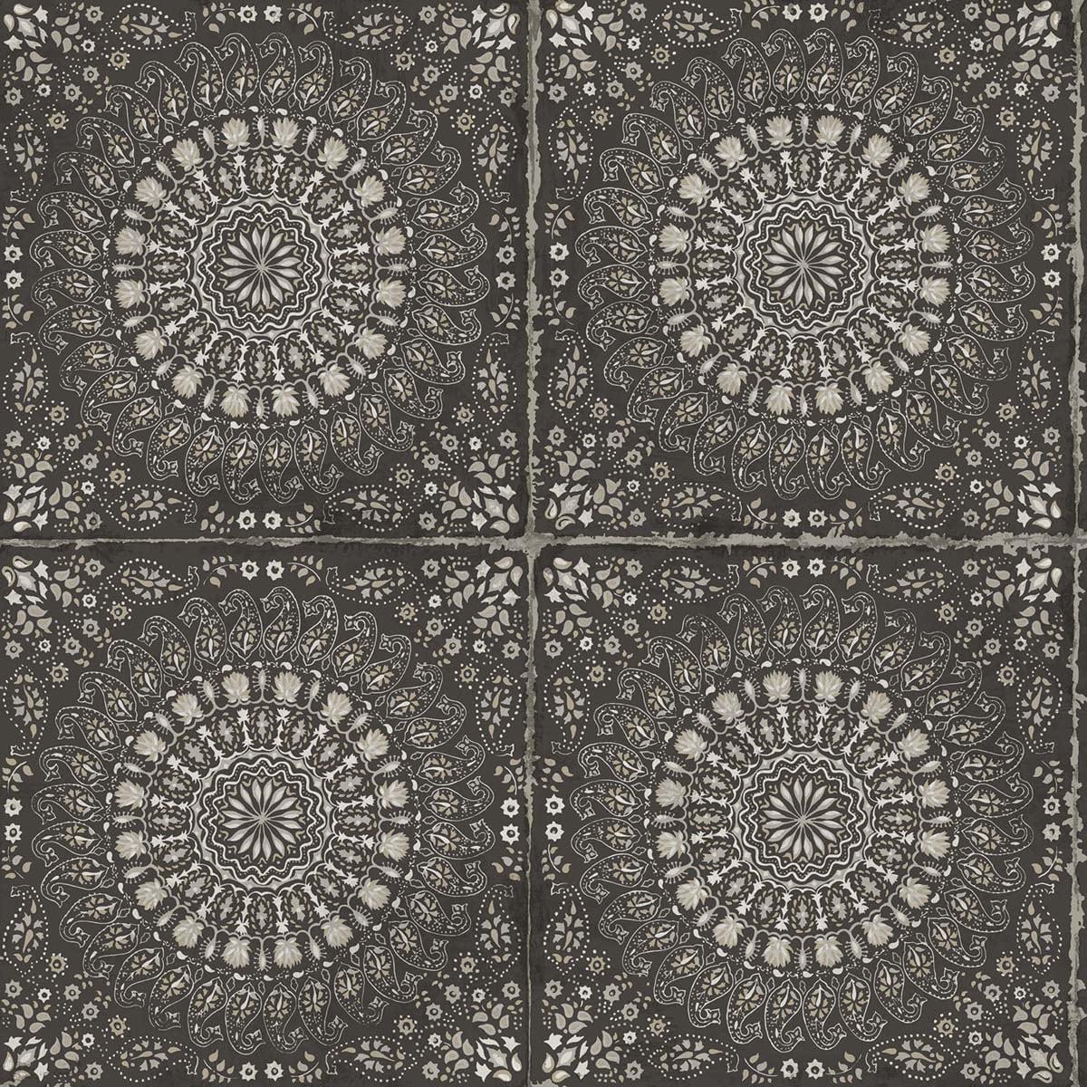 Seabrook Mandala Boho Tile Brushed Ebony and Stone Wallpaper