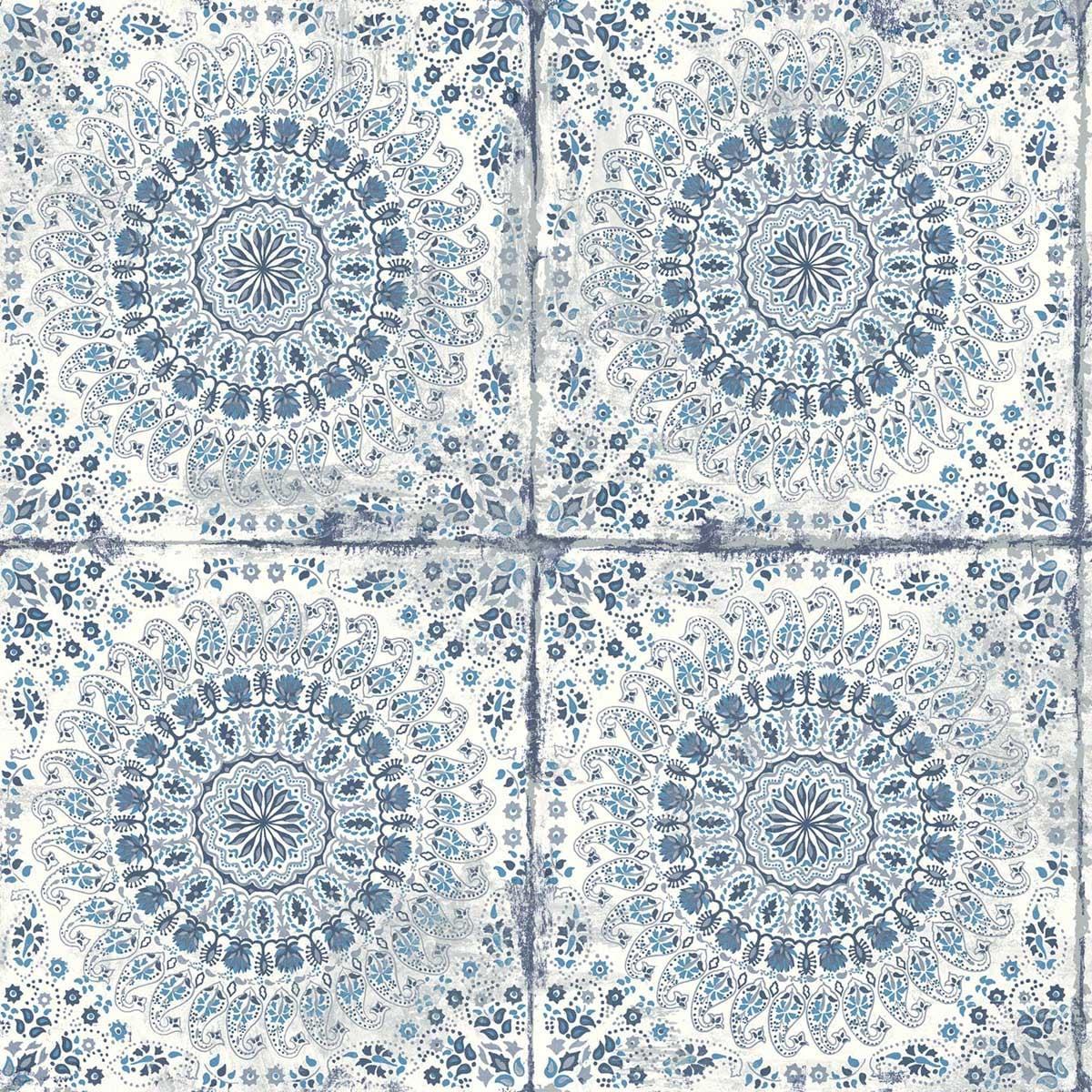 Seabrook Mandala Boho Tile Cerulean and Washed Denim Wallpaper