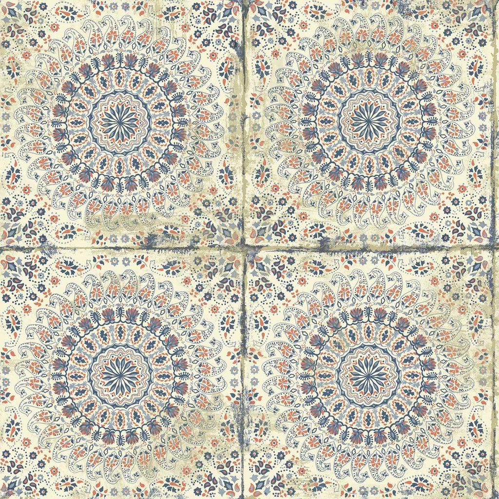 Seabrook Mandala Boho Tile Coral, Cream, and Midnight Blue Wallpaper