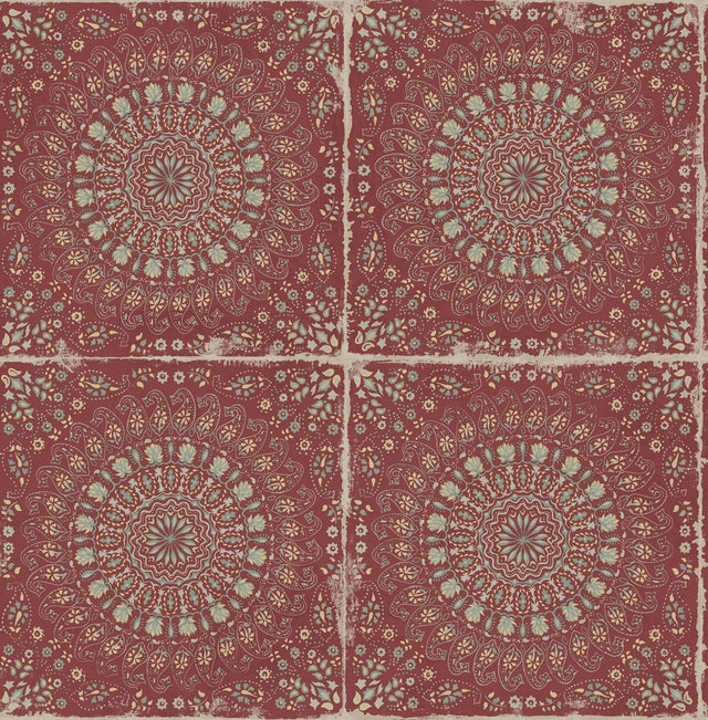 Seabrook Mandala Boho Tile Cabernet and Aloe Green Wallpaper