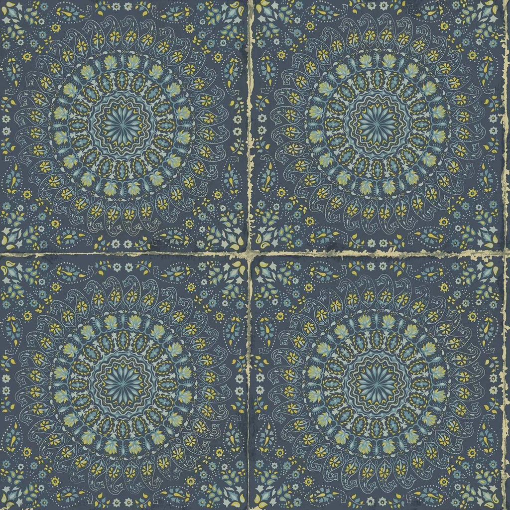 Seabrook Mandala Boho Tile Navy Blue and Dandelion Wallpaper