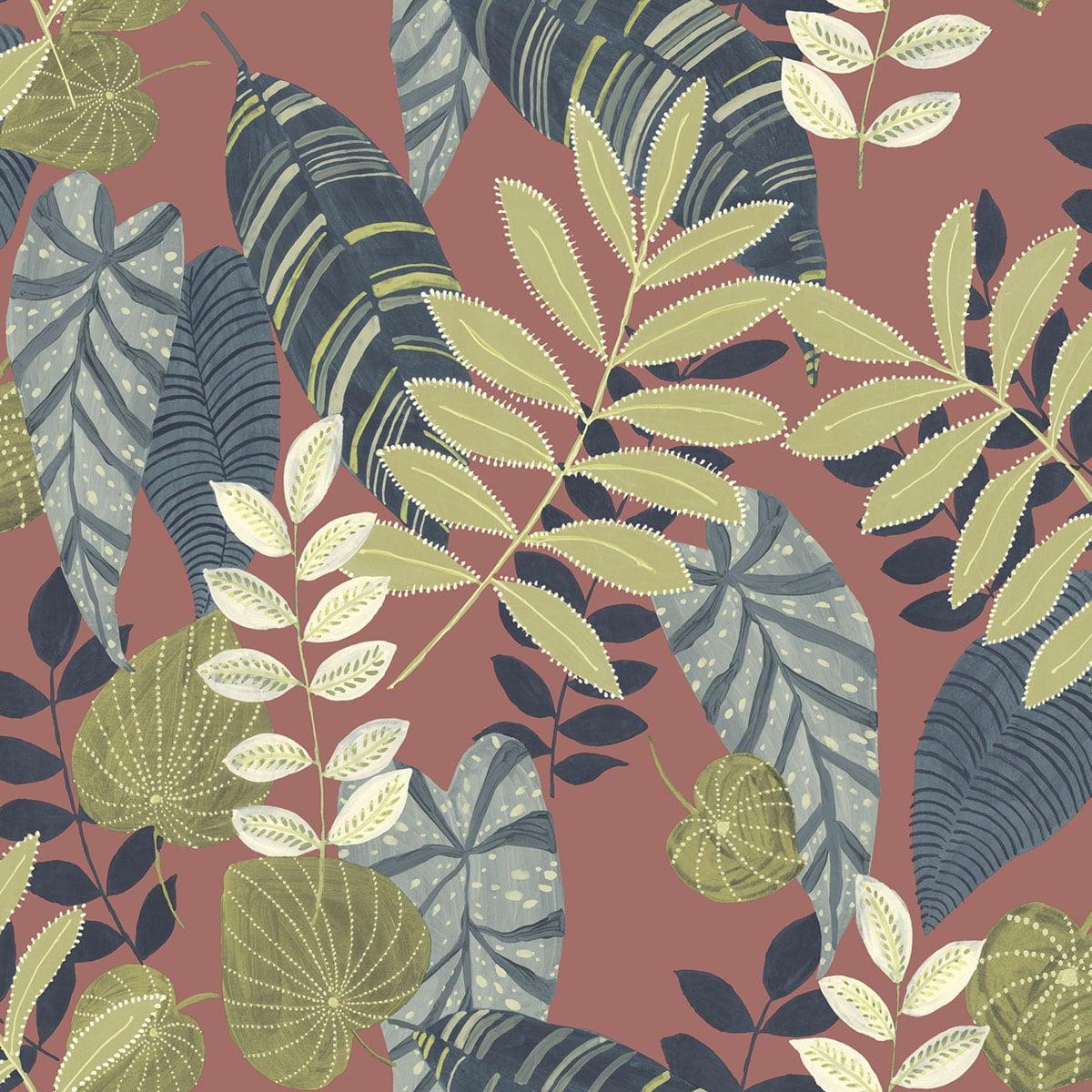 Seabrook Tropicana Leaves Redwood, Olive, and Washed Denim Wallpaper