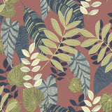 Seabrook Tropicana Leaves Redwood, Olive, and Washed Denim Wallpaper