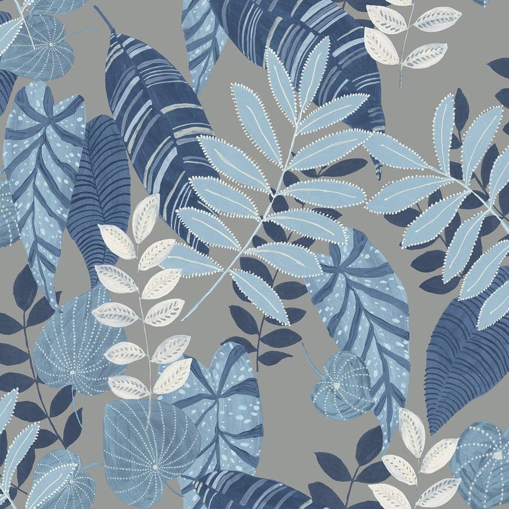 Seabrook Tropicana Leaves Metallic Gray, Sky Blue, and Champlain Wallpaper