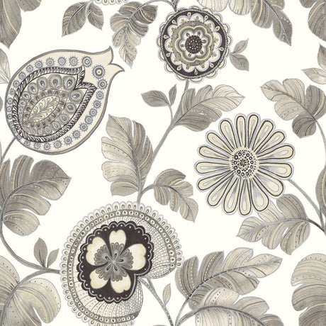 Seabrook Calypso Paisley Leaf Grey Wallpaper