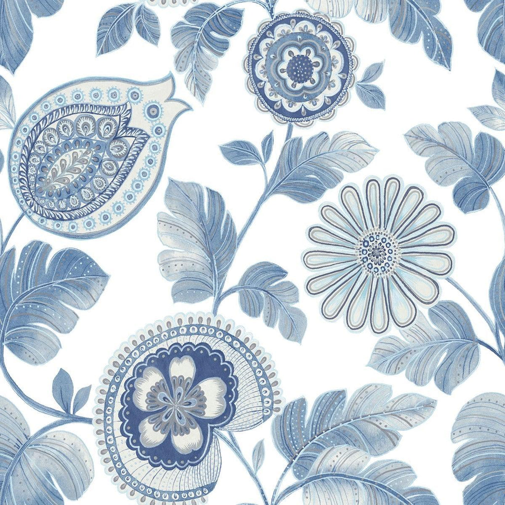 Seabrook Calypso Paisley Leaf Blue Oasis and Ivory Wallpaper