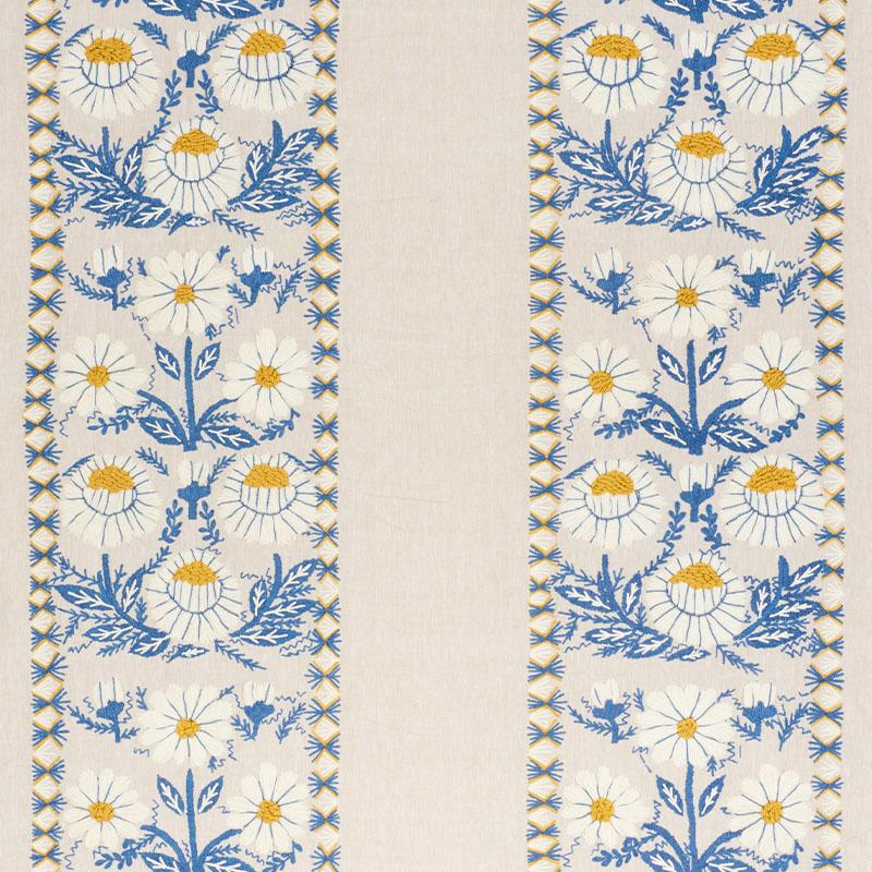 Schumacher Marguerite Embroidery Blue & Ochre Fabric
