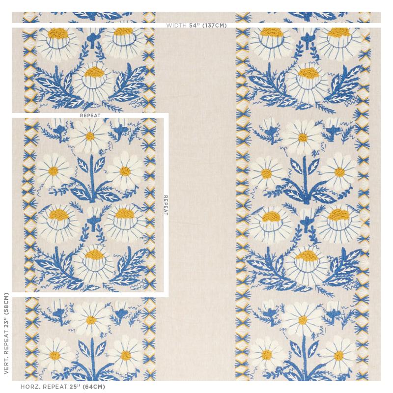Schumacher Marguerite Embroidery Blue & Ochre Fabric