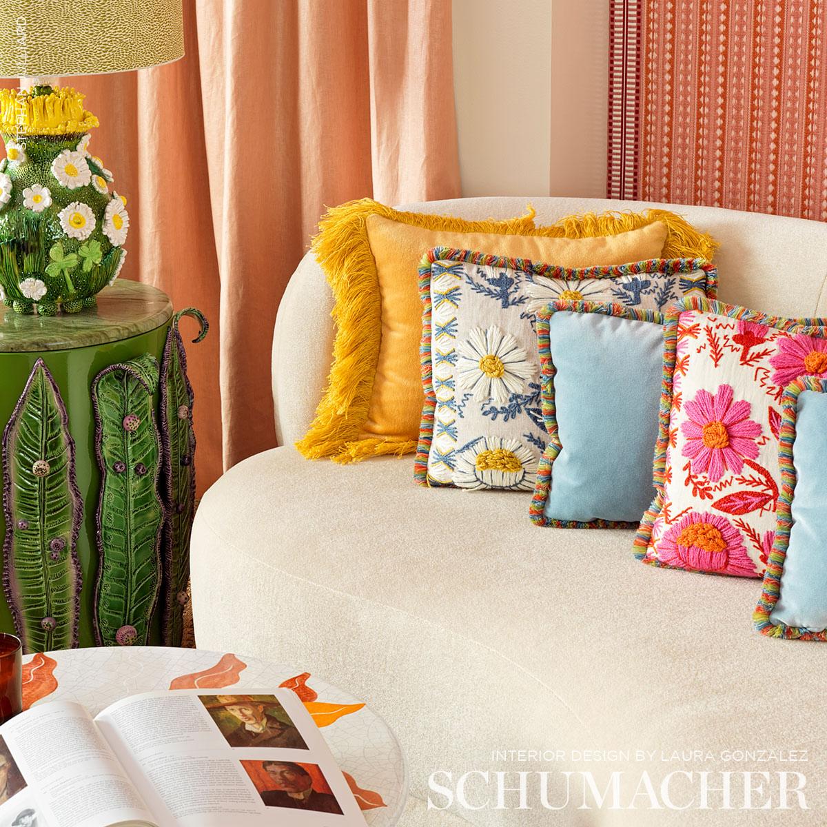 Schumacher Marguerite Embroidery Blue & Ochre Fabric