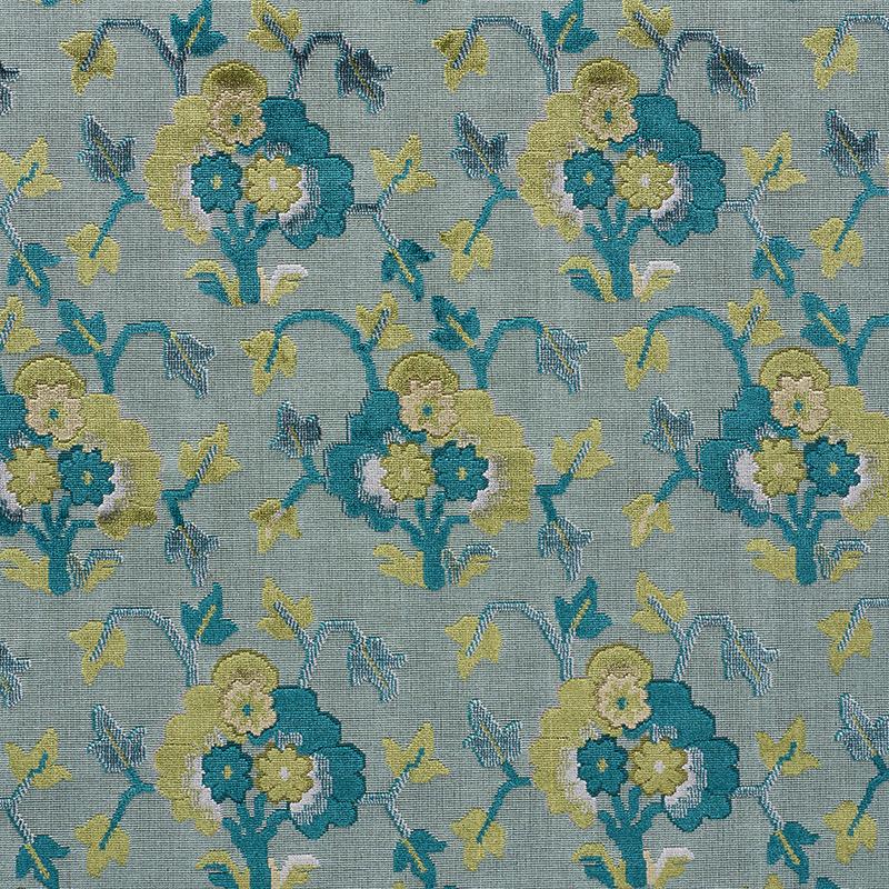 Schumacher Jennie Velvet Peacock & Celadon Fabric