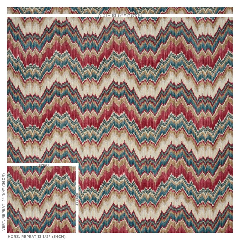 Schumacher Bezique Flamestitch Velvet Red & Peacock Fabric