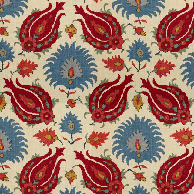 Brunschwig & Fils KASHMIRI LINEN PRINT POMEGRANATE/BLUE Fabric