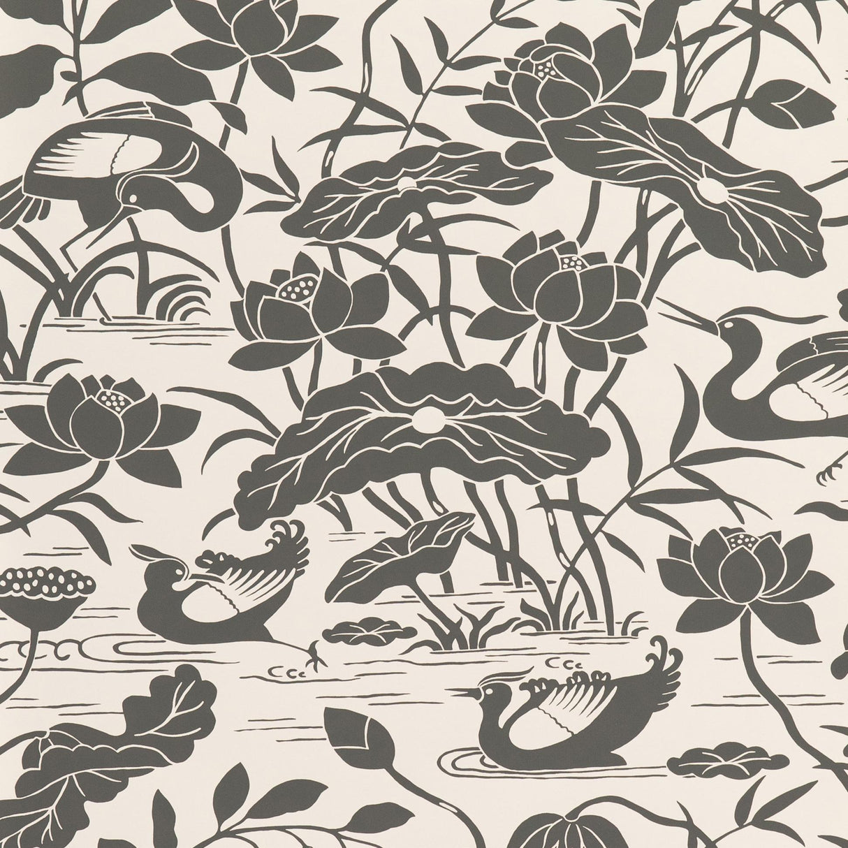 G P & J Baker HERON & LOTUS FLOWER BLACK/WHITE Wallpaper