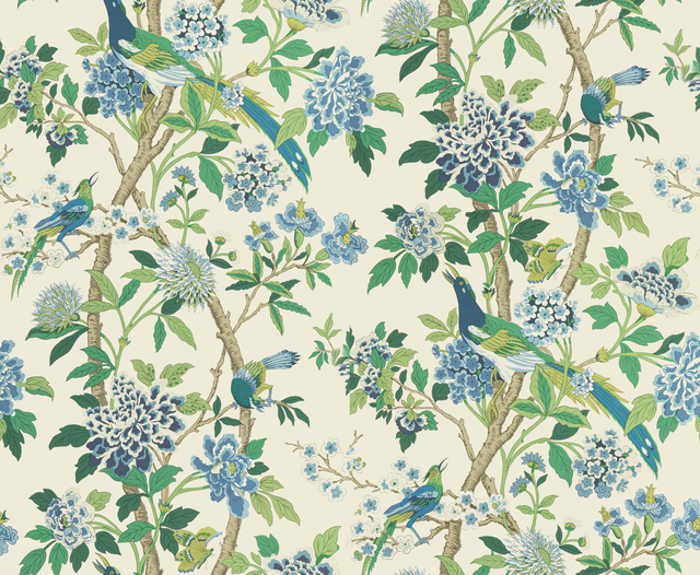 G P & J Baker HYDRANGEA BIRD EMERALD/BLUE Wallpaper