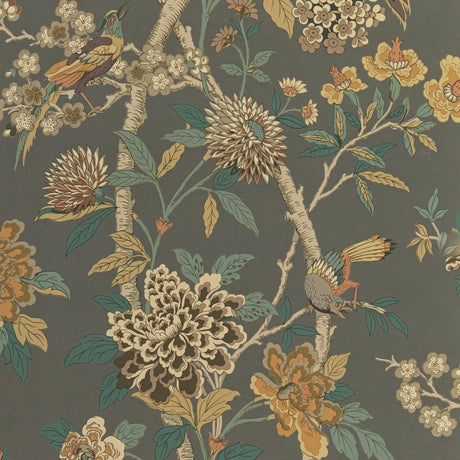 G P & J Baker HYDRANGEA BIRD CHARCOAL/SIENNA Wallpaper