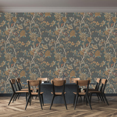 G P & J Baker HYDRANGEA BIRD CHARCOAL/SIENNA Wallpaper
