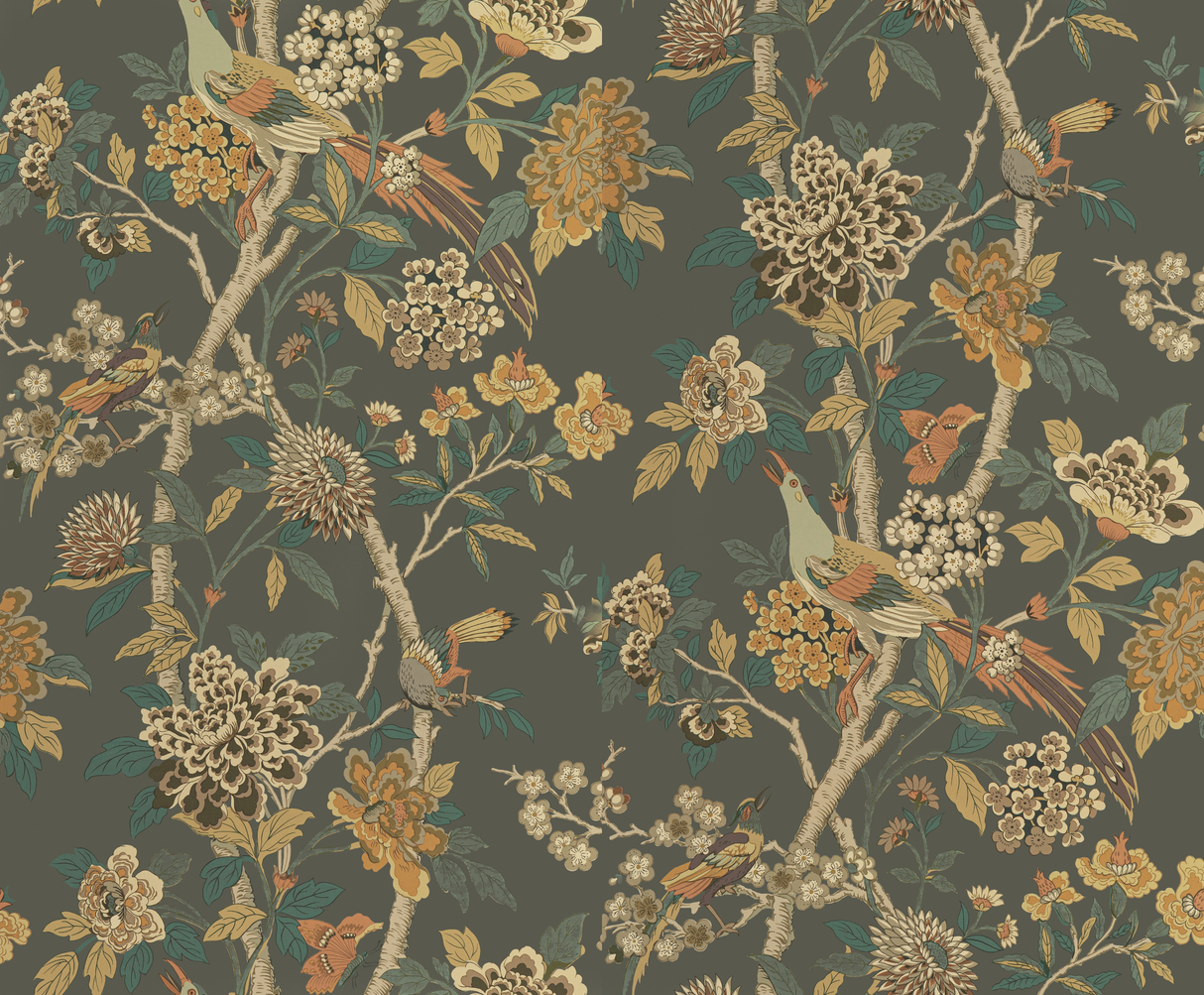 G P & J Baker HYDRANGEA BIRD CHARCOAL/SIENNA Wallpaper