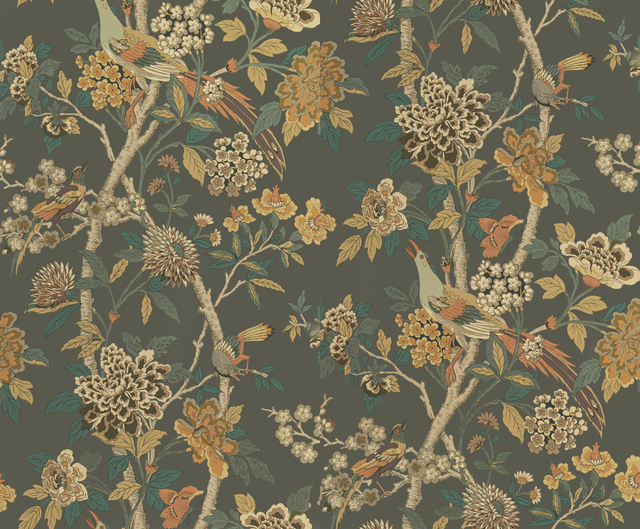 G P & J Baker HYDRANGEA BIRD CHARCOAL/SIENNA Wallpaper