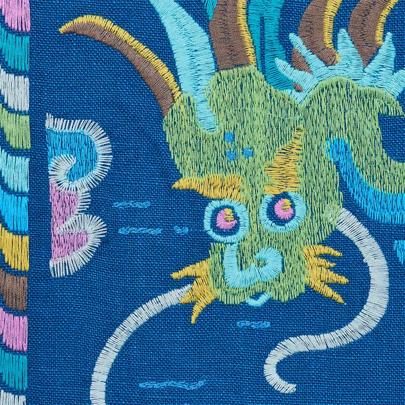 Schumacher Lotan Dragon Embroidery Blue Fabric