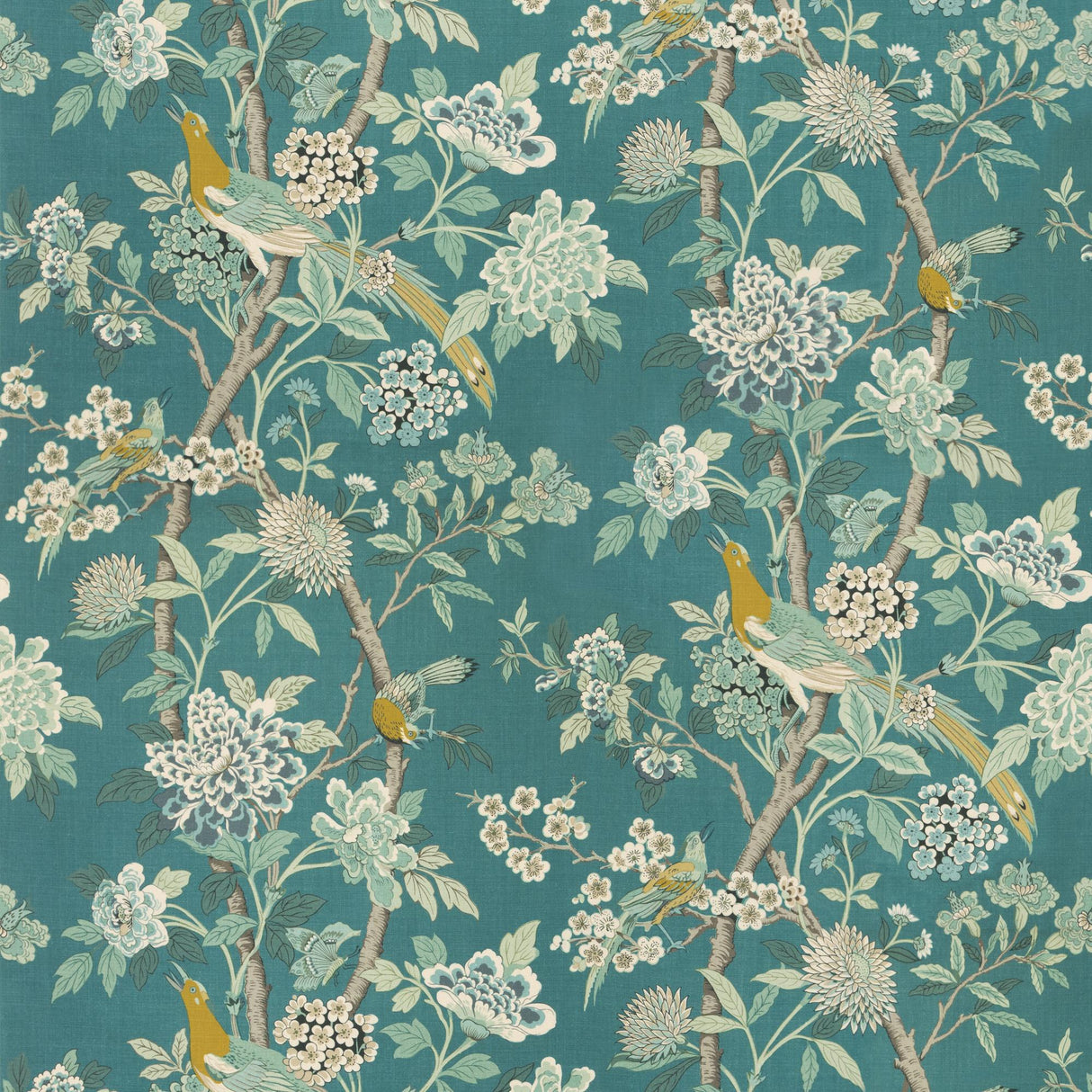 G P & J Baker HYDRANGEA BIRD (ARCHIVE) TEAL Fabric