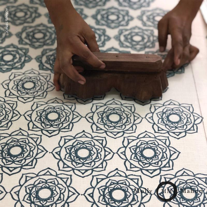 Schumacher Rose Hand Block Print Blue Fabric