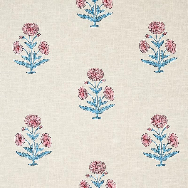 Schumacher Poppy Hand Block Print Rose & Sky Fabric