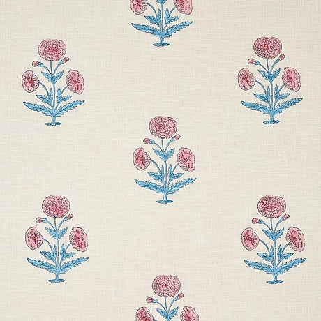 Schumacher Poppy Hand Block Print Rose & Sky Fabric