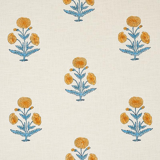 Schumacher Poppy Hand Block Print Mustard & Sky Fabric