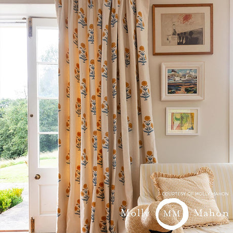 Schumacher Poppy Hand Block Print Mustard & Sky Fabric