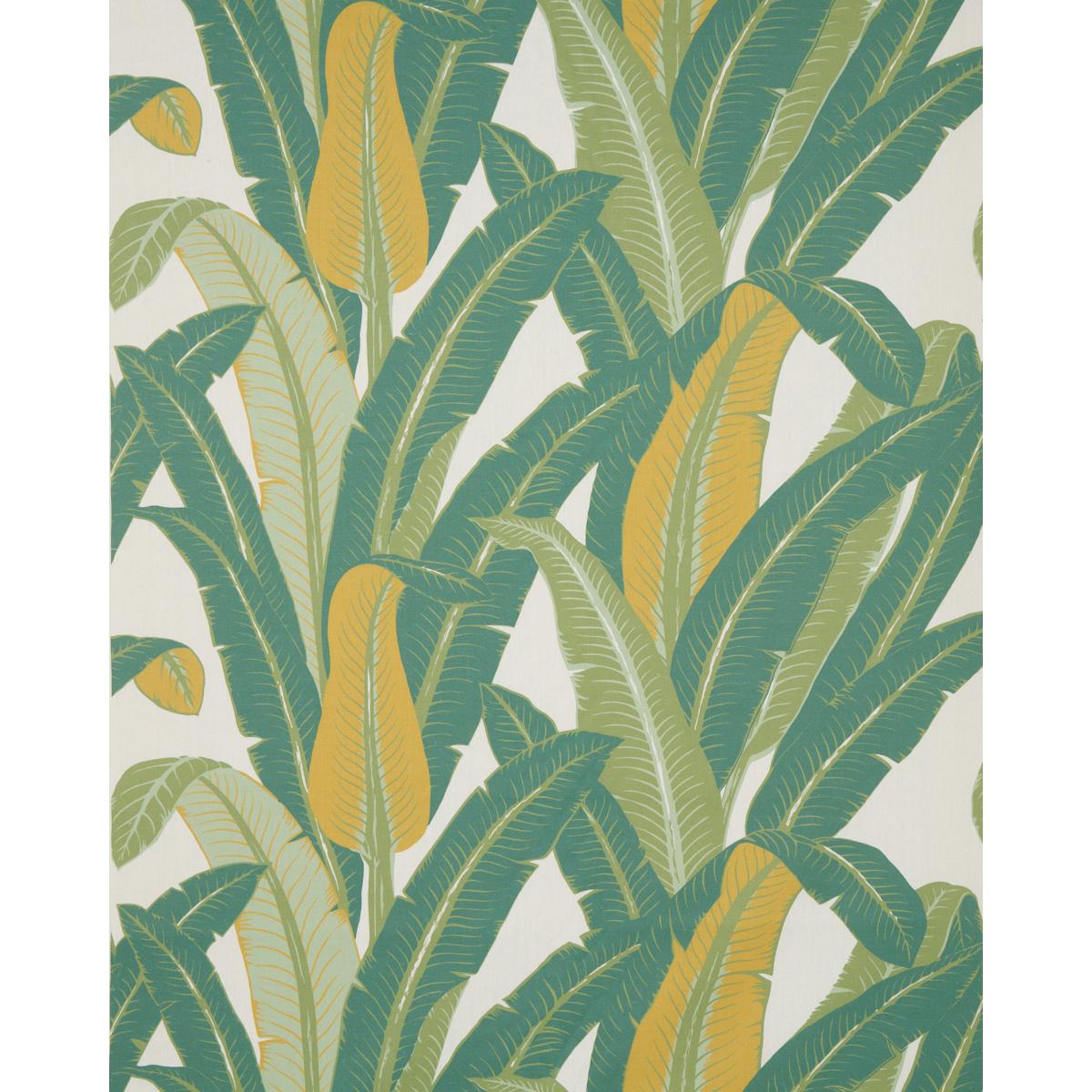 Schumacher Tropical Isle Green On Ivory Fabric