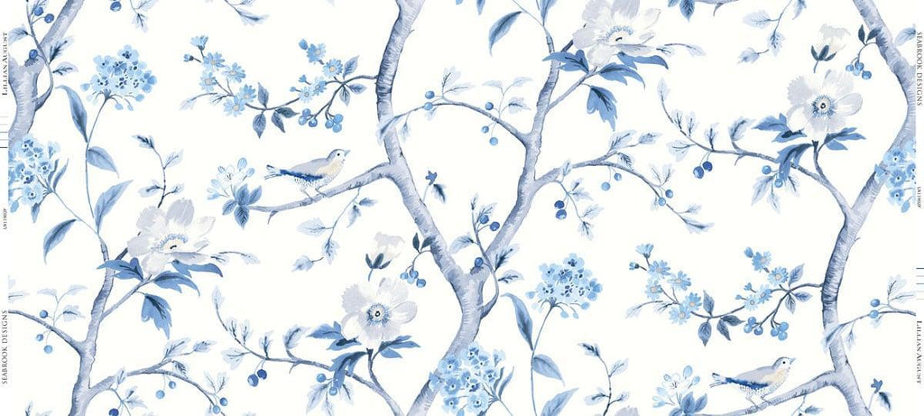Seabrook Southport Floral Trail Fabric Eggshell and Blue Shale Fabric