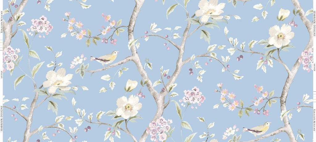 Seabrook Southport Floral Trail Fabric Sky Blue and Arrowroot Fabric