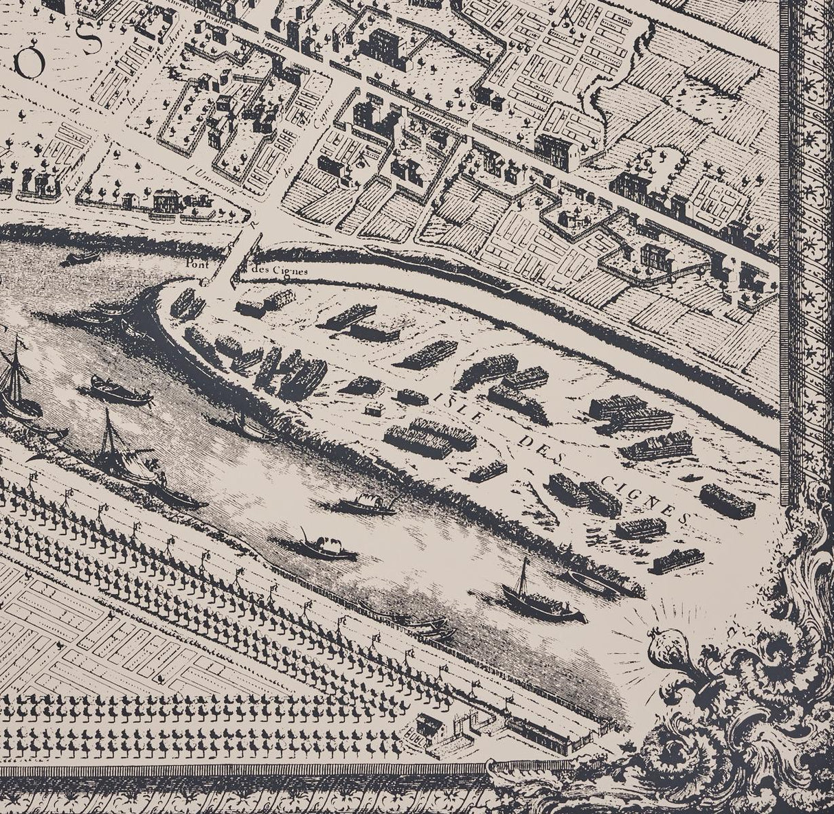 Schumacher La Cite Panel Set Ebony On Cream Wallpaper