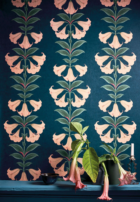 Cole & Son ANGELS TRUMPET CORAL & VIRIDIAN ON INK Wallpaper