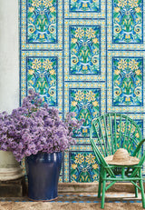 Cole & Son TRIANA CANARY YELLOW & CHINA BLUE ON TEAL Wallpaper