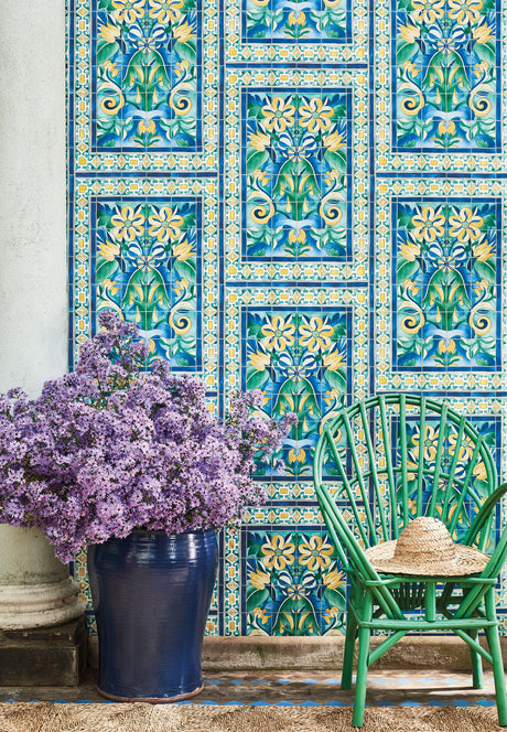 Cole & Son TRIANA CANARY YELLOW & CHINA BLUE ON TEAL Wallpaper