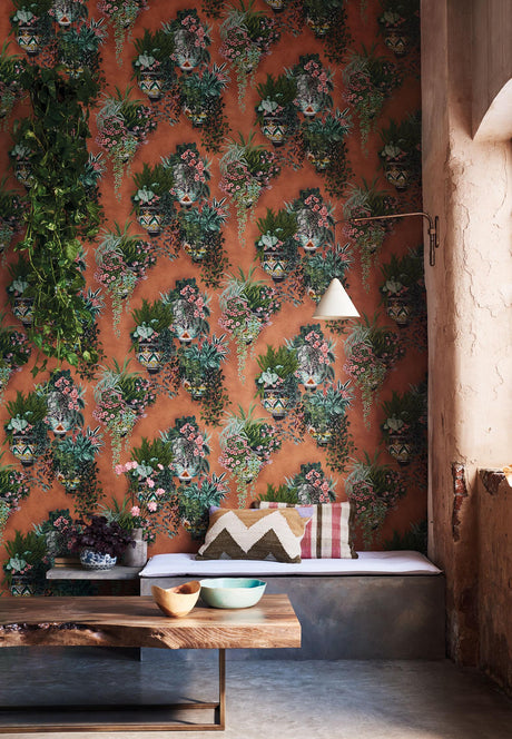 Cole & Son TALAVERA WP ROSE & SPRING GREEN ON TERRACOTTA Wallpaper