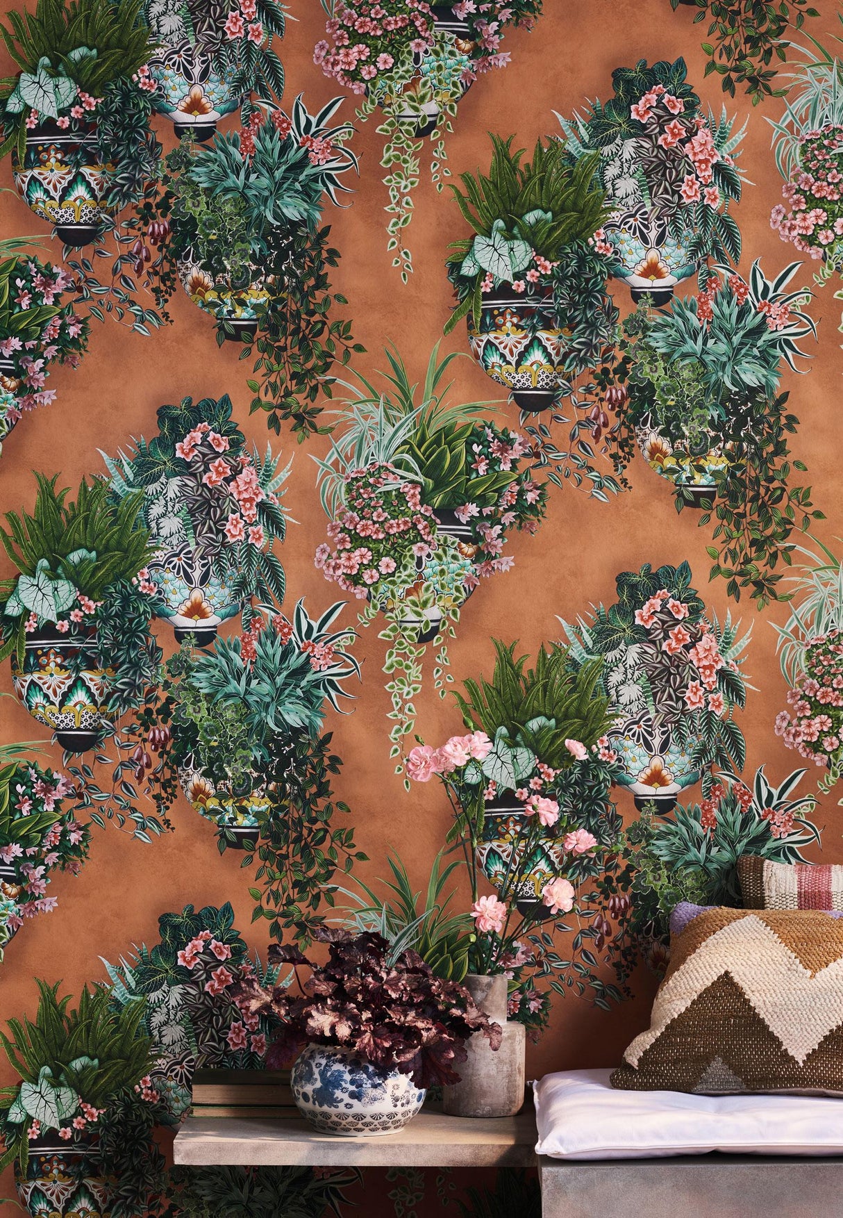 Cole & Son TALAVERA WP ROSE & SPRING GREEN ON TERRACOTTA Wallpaper