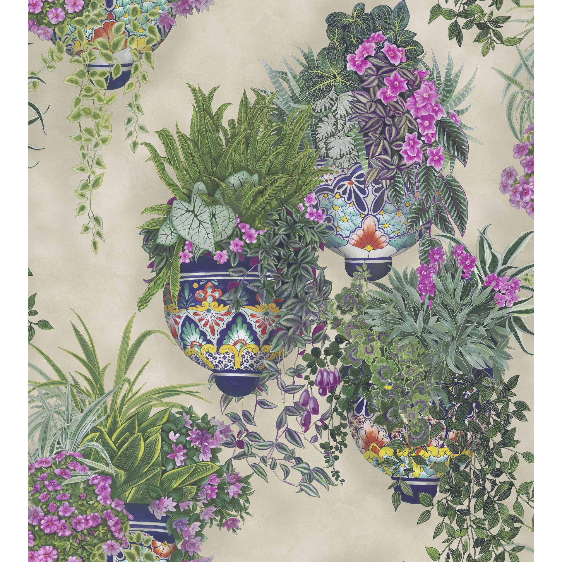 Cole & Son Talavera Wp Magenta & Spring Greens On Stone Wallpaper