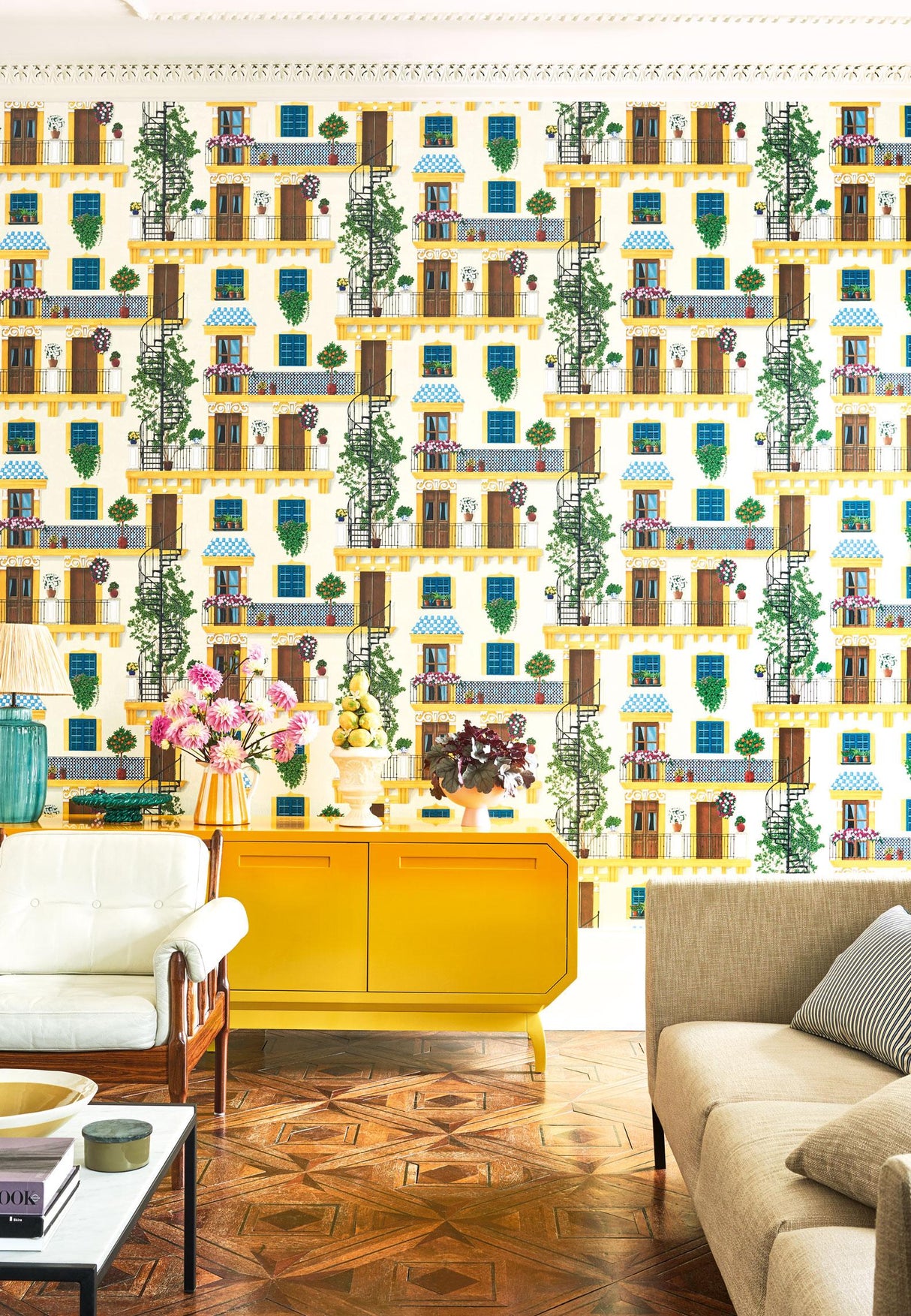 Cole & Son ALFARO CANARY YELLOW & PETROL ON PARCHMENT Wallpaper