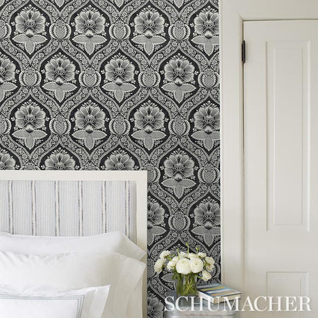 Schumacher Villandry Damask Print Blue Wallpaper