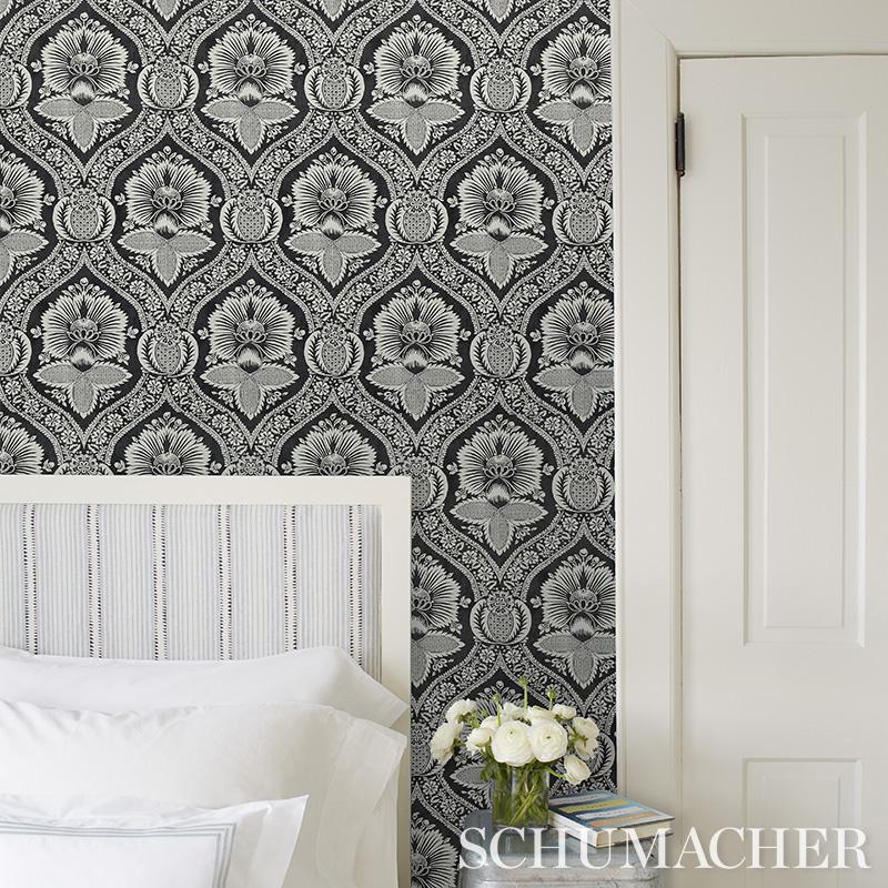 Schumacher Villandry Damask Print Neutral Wallpaper